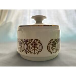 Vintage Kun Lun Ceramic Lidded Jar Gold & Plum Scroll Pattern Boho MCM